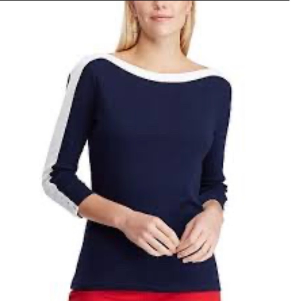 Chaps Womens‎ 3XL Boatneck Tp Lace Up Sleeve Coastal Preppy Nautical Beachy Navy